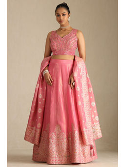 Soch - Womens Pink Tissue Choli & Lehenga with Dupatta (Set of 3)