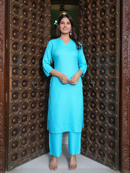 SAK JAIPUR - Women Aqua Rayon Solid Straight Kurta & Palazzo (Set of 2)
