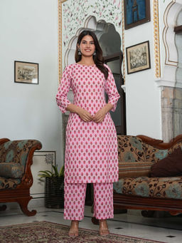 SAK JAIPUR - Women Pink Cotton Printed Straight Kurta & Pant (Set of 2)