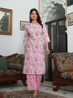 SAK JAIPUR - Women White Cotton Printed Straight Kurta & Palazzo (Set of 2)