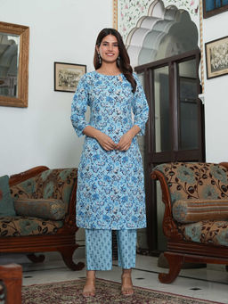 SAK JAIPUR - Women Blue Cotton Printed Straight Kurta & Palazzo (Set of 2)