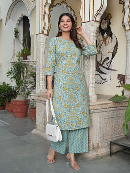 SAK JAIPUR - Women Green Floral Cotton Printed Straight Kurta & Palazzo (Set of 2)