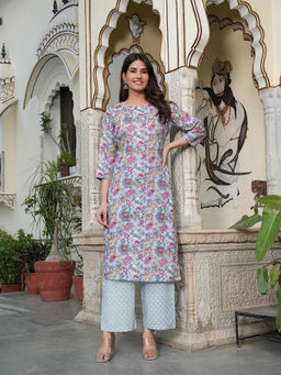 SAK JAIPUR - Women Grey Floral Cotton Printed Straight Kurta & Palazzo (Set of 2)