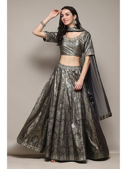 Biba - Women Navy Blue Foil Printed Lehenga & Choli with Dupatta (Set of 3)