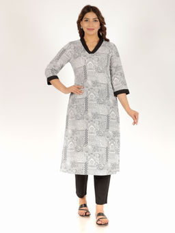 ARAMYA - White Cotton Straight Patchwork Print Kurta & Pant (Set of 2)
