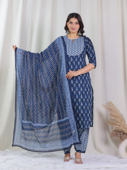 ARAMYA - Navy Blue Floral Print Kurta & Salwar with Dupatta (Set of 3)