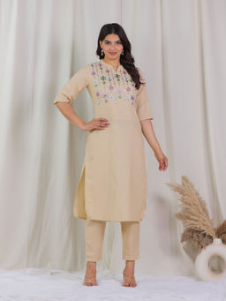 ARAMYA - Beige Cotton Straight Kurta & Pant (Set of 2)