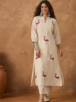 Varanga - White Embroidered Panelled Kurta With Solid Pant (Set of 2)
