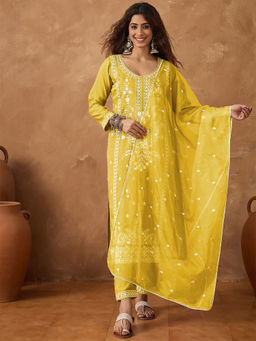 Varanga - Women Mustard Embroidered Kurta With Pant And Dupatta (Set of 3)