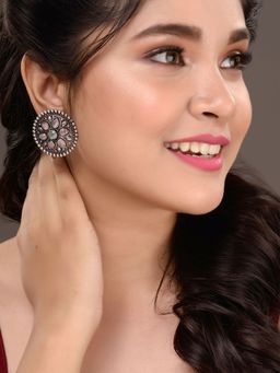 Saraf RS Jewellery - Oxidised Silver Plated Pink Mint Studs Earrings