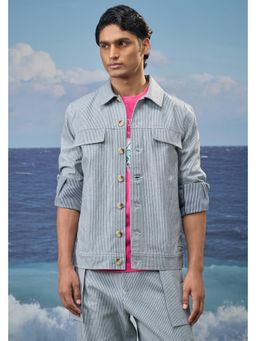 Genes Lecoanet Hemant - Navy Stripe Premium Cotton Denim Printed Jacket
