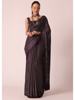 KALKI FASHION - Wine Bandhani Satin Saree with Printed Detail and Unstitched Blouse