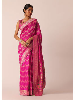 KALKI FASHION - Pink Silk Saree with Zari Zig Zag Detail and Unstitched Blouse