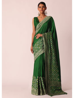 KALKI FASHION - Green Woven Silk Saree with Bandhani Detail and Unstitched Blouse