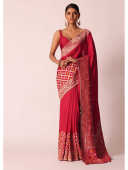 KALKI FASHION - Red Silk Woven Saree with Bandhani Detail and Unstitched Blouse