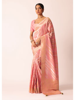 KALKI FASHION - Pink Striped Tissue Silk Saree with Brocade Border Pallu and Unstitched Blouse