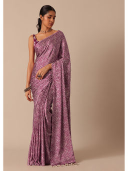 KALKI FASHION - Purple Satin Printed Saree with Unstitched Blouse Fabric