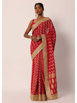 KALKI FASHION - Red Khadi Banarasi Saree with Gota Patti Work and Unstitched Blouse