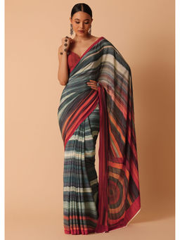 KALKI FASHION - Multicolor Diagonal Stripes Printed Satin Saree with Unstitched Blouse