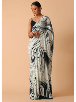 KALKI FASHION - White Satin Saree with Stone Embellishments and Unstitched Blouse