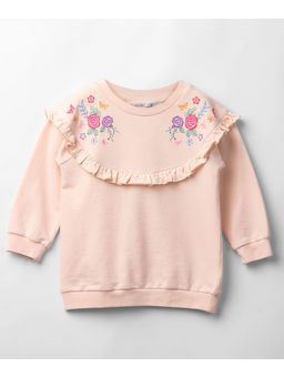Beebay - Girls Peach Floral Embroidery Hip Length Sweatshirt