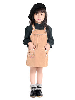 Beebay - Girls Beige Cat Pocket Embroidery Corduroy Knee Length Pinafore