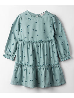 Beebay - Girls Green Heart Print Tier Twill Knee Length Dress
