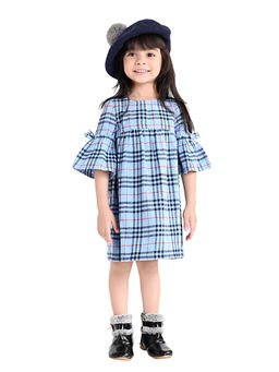 Beebay - Girls Blue Buffalo Check Plaid Knee Length Dress