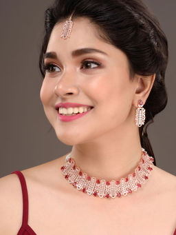 Saraf RS Jewellery - Rose Gold Plated Red & White AD Choker with Tika Jewellery (Set of 3)