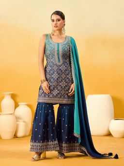 Shaily - Women's Poly Chiffon Embroidered Blue Kurti with Sharara and Dupatta