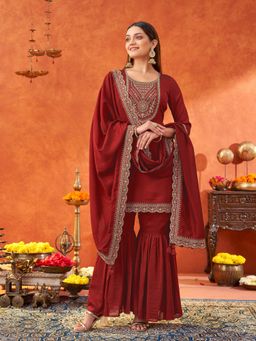 Shaily - Women's Silk Blend Sequence Embroidered Maroon Kurta with Sharara and Dupatta