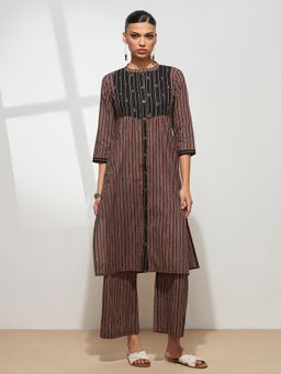 Shaily - Classic Pure Cambric Cotton Printed Striped Straight Black Co-Ord Set
