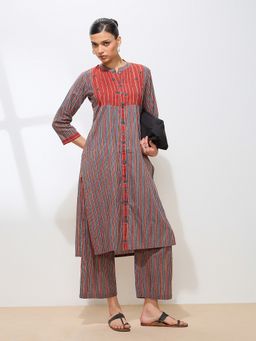 Shaily - Classic Pure Cambric Cotton Printed Striped Straight Rust Co-Ord Set