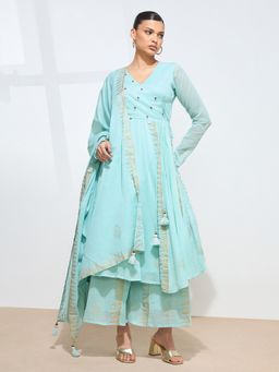 Shaily - Graceful Handwork Mul Cotton Blue Kurta with Palazzo and Dupatta