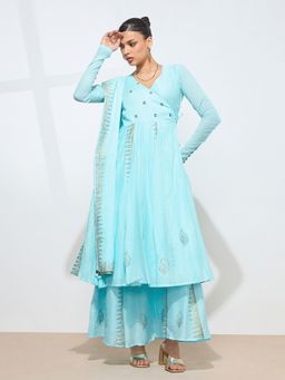 Shaily - Graceful Handwork Mul Cotton Blue Kurta with Palazzo and Dupatta