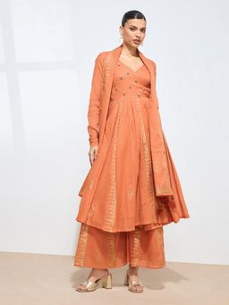 Shaily - Graceful Handwork Mul Cotton Rust Kurta with Palazzo and Dupatta