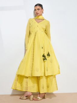Shaily - Graceful Handwork Mul Cotton Yellow Kurta with Palazzo and Dupatta