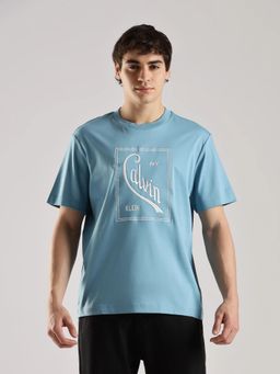 Calvin Klein - Men Blue Embroidered Logo Relaxed Fit Cotton T-Shirt
