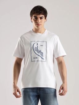 Calvin Klein - Men White Embroidered Logo Relaxed Fit Cotton T-Shirt