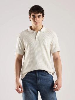Calvin Klein - Men Off White Embroidered Logo Relaxed Fit Polyamide Polo T-Shirt