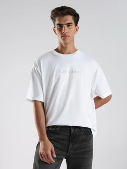 Calvin Klein - Men White Embroidered Logo Relaxed Fit Cotton T Shirt