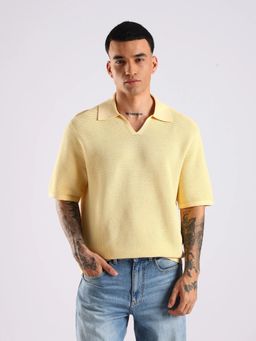 Calvin Klein - Men Yellow Textured Relaxed Fit Viscose Polo T-Shirt