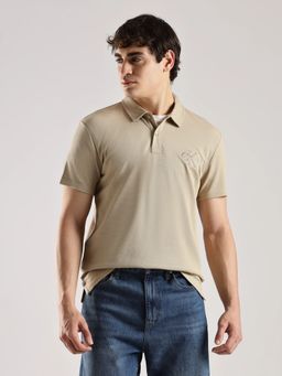 Calvin Klein - Men Embroidered Beige Logo Regular Fit Cotton Polo T-Shirt
