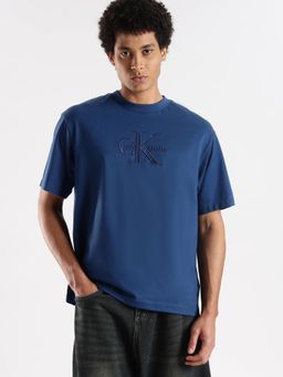 Calvin Klein - Men Blue Embroidered Relaxed Fit Cotton T-Shirt