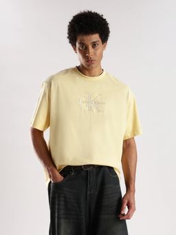 Calvin Klein - Men Yellow Embroidered Relaxed Fit Cotton T-Shirt