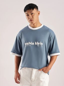 Calvin Klein - Men Blue Typographic Relaxed Fit Cotton T-Shirt