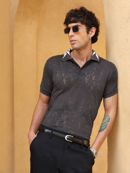 CAHOOT - Men Charcoal Grey Textured Half Sleeves Slim Casual Polo T-Shirt