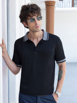 CAHOOT - Men Black Solid Half Sleeves Regular Casual Polo T-Shirt