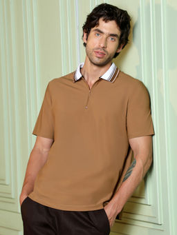 CAHOOT - Men Brown Textured Half Sleeves Regular Casual Polo T-Shirt