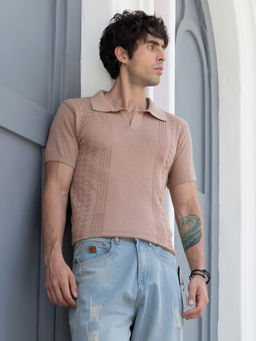 CAHOOT - Men Tan Textured Half Sleeves Regular Casual Polo T-Shirt